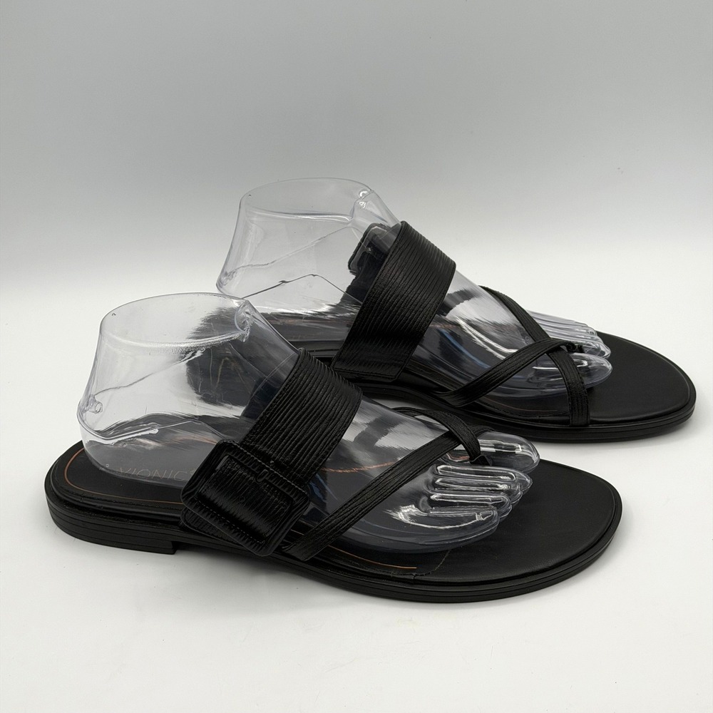 Vionic Julep Sandal Womens 10 Black Leather Buckle Thong Slide Orthopedic Casual